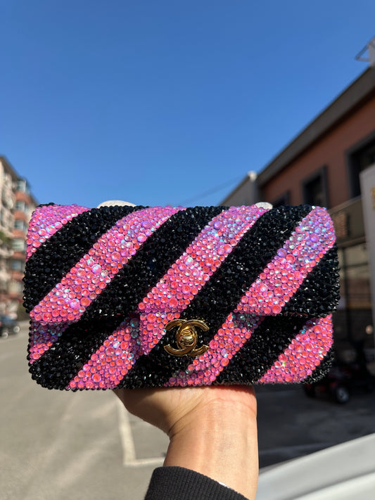 cc purse /bag black pink strip bedazzled